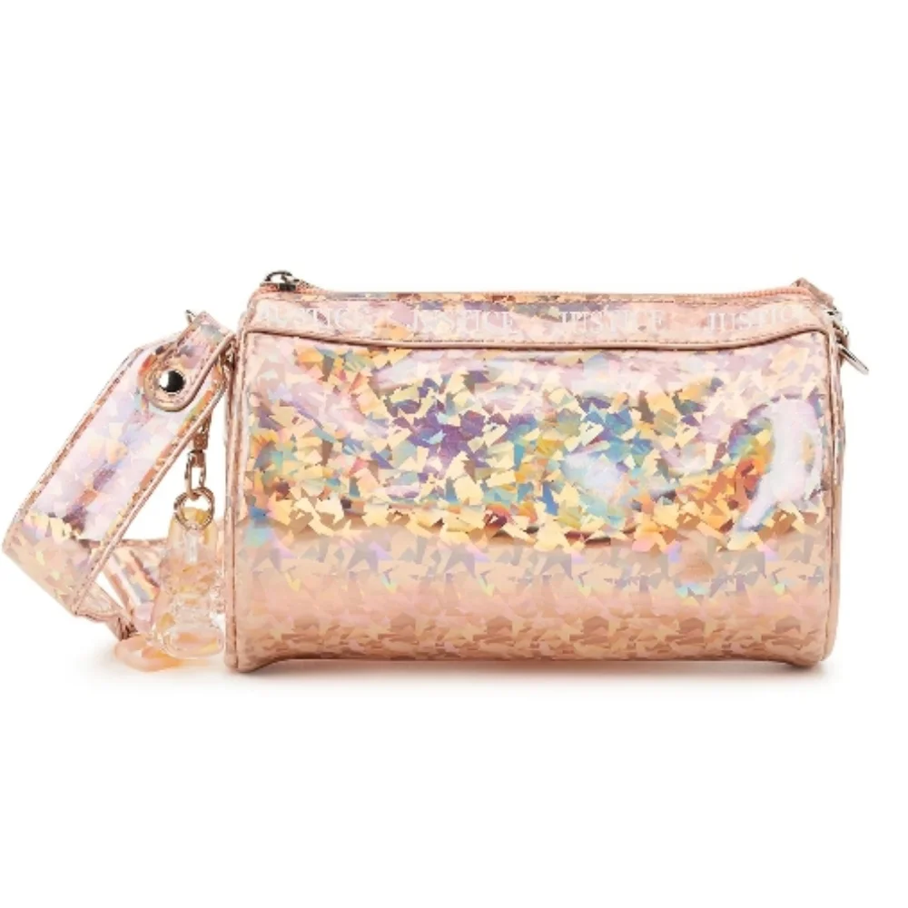 Girls Justice Crossbody Barrel Bag with Adjustable Strap & 2 Charms, Rose Gold